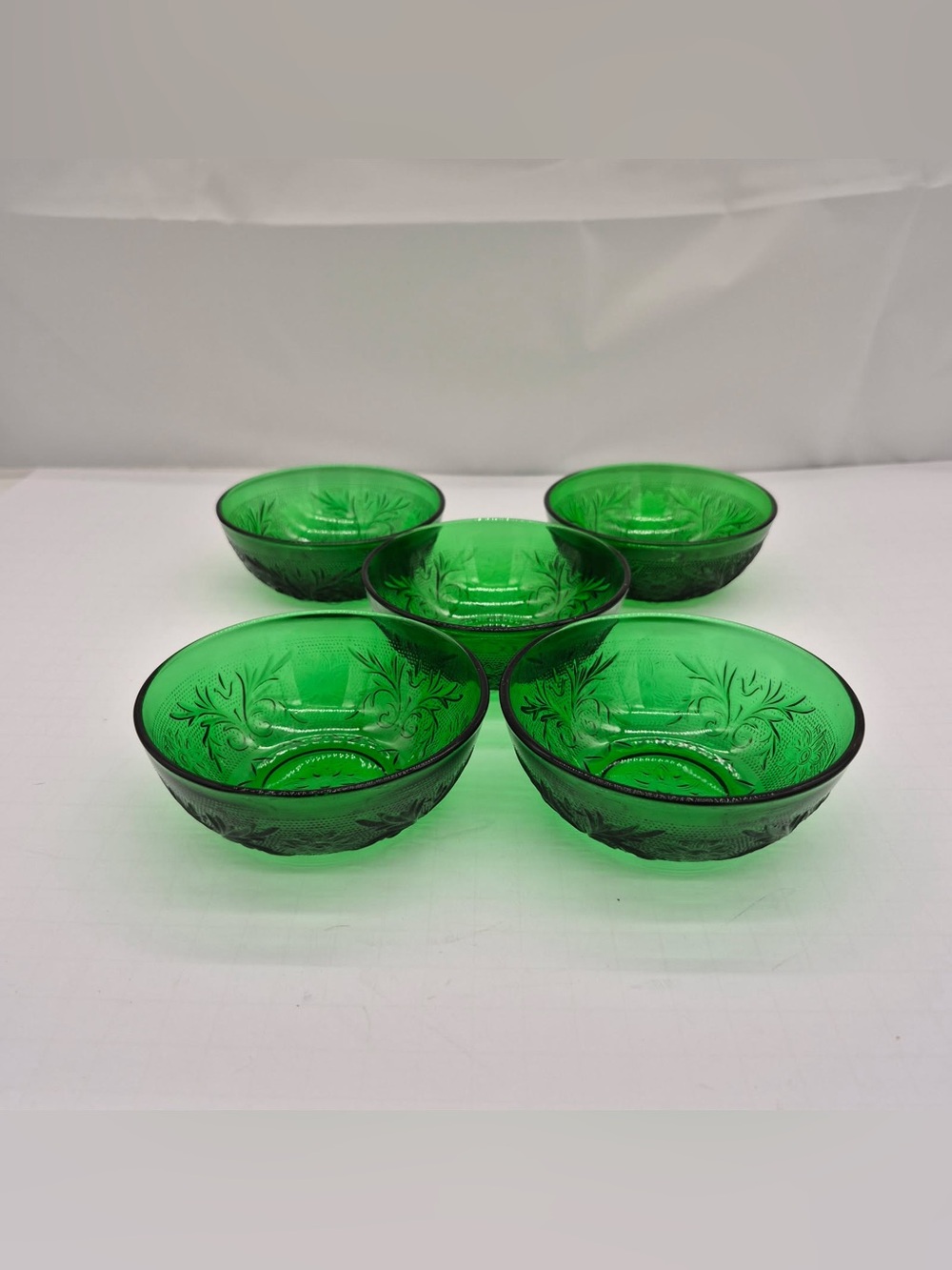 Set Of 5 Vintage Anchor Hocking Forest Green Sandwich Glass Dessert Bowls MCM